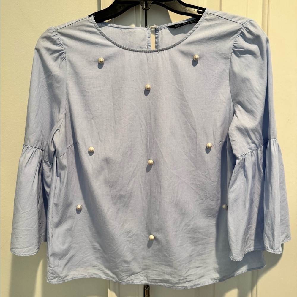 ZARA Light Blue Women's Top with Pearl Accents